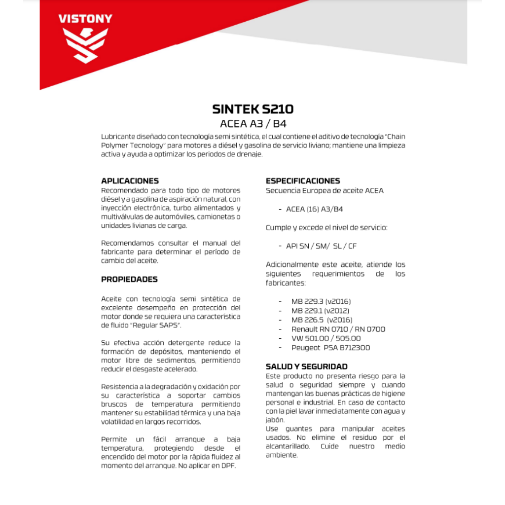 Aceite 10W30 Vistony Sintek Oil S210 SN/A3/B4 4lt